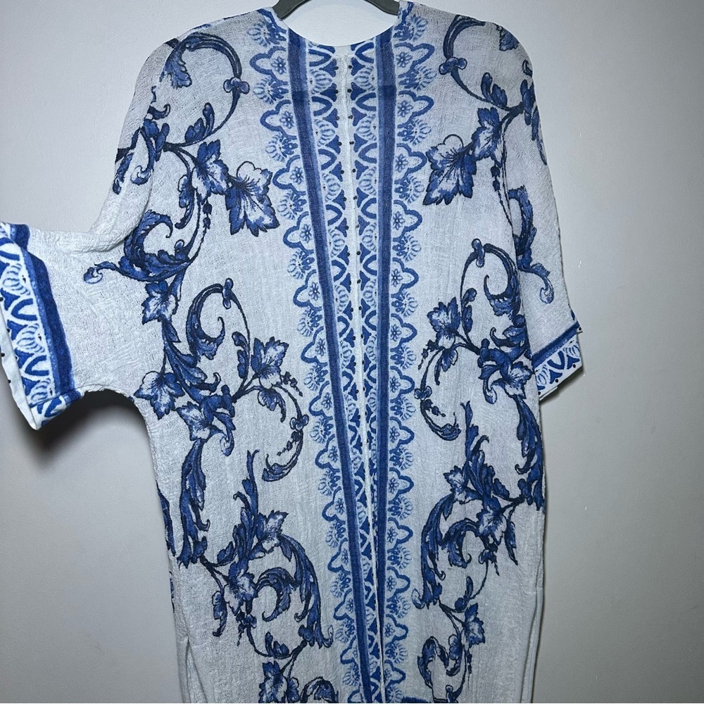 Chico’s Blue White Boho Lightweight Gauzy Longline Open Front Cardigan Kimono - Picture 9 of 9